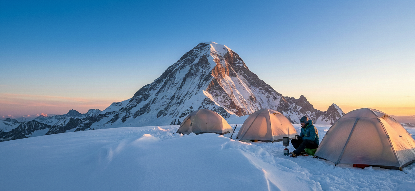 Tents and a climber at the South Col camp at sunrise, below an Everest-like peak